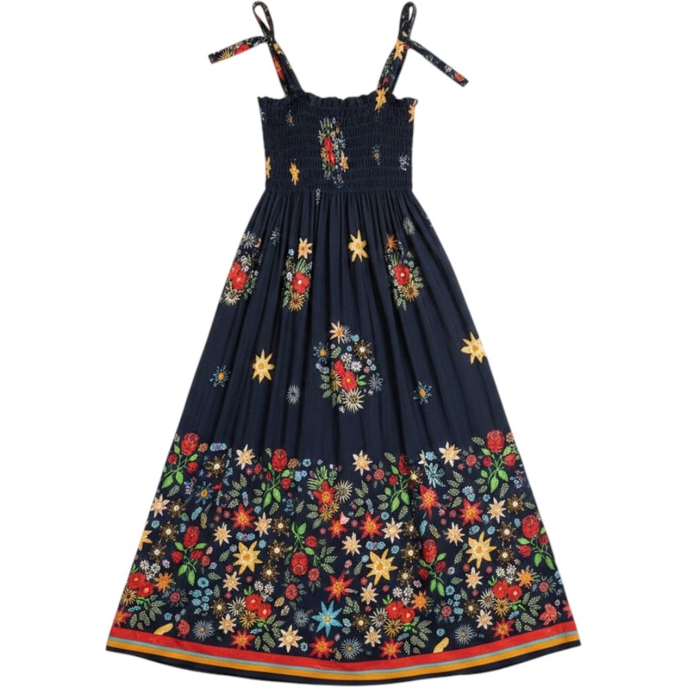 Lildy Women Small/Medium Blue Floral Smock Tie Shoulder Boho Festival Maxi Dress